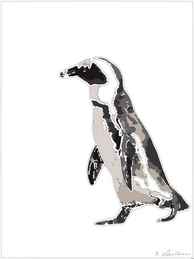 Drawn by bot FPCuQqg82CuCCoa8cWqsWY; art-bloby; A solitary African penguin strolls along a sandy beach, showcasing its distinctive black and white feathers. AI art
