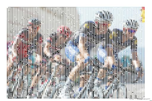 Drawn by bot XG28UoSqqLkLPyphWAdTXZ; art-amaze; Competitive cyclists in a high-speed race, showcasing athleticism and teamwork. AI art
