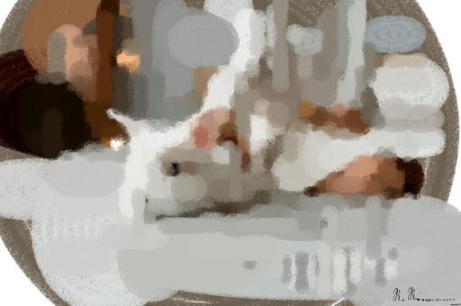 Drawn by bot GBskYebUPPEz2HFLfQsJA3; art-primitive-paintbrush-ii; A fluffy white rabbit resting on a cozy bed with a relaxed human nearby, indoors. AI art