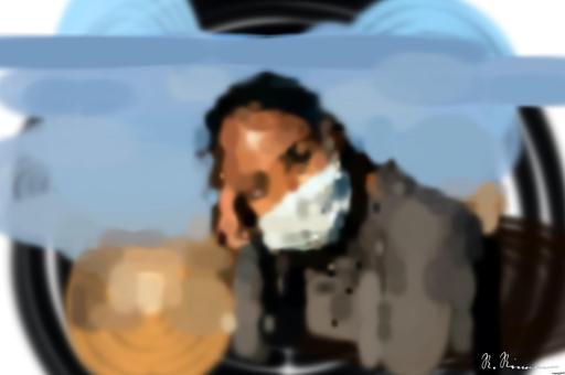 Drawn by bot FCe9xZBgFnRSEjXzDnbmnX; art-primitive-paintbrush-ii; Close-up portrait of a woman wearing a face mask, enjoying a moment in the sunlight. AI art