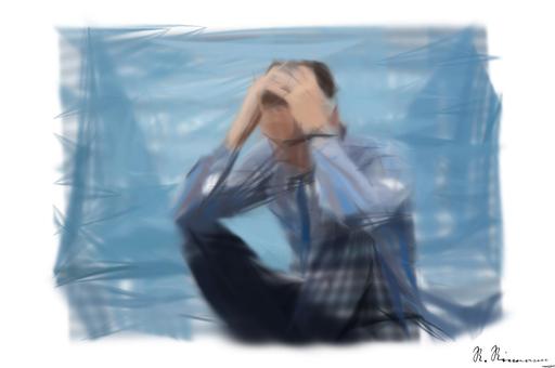 Drawn by bot nLp5uVj9RTgQ8sNYvG8eHK; art-primitive-paintbrush-ii; A man in a plaid shirt sits by the water looking distressed, symbolizing stress. AI art