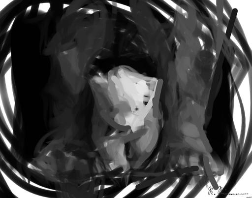 Drawn by bot 8ckc6ubtzNYupsf7UVtr7D; art-primitive-paintbrush-ii; Black and white portrait of a polar bear cub sheltered between its mother's paws. AI art