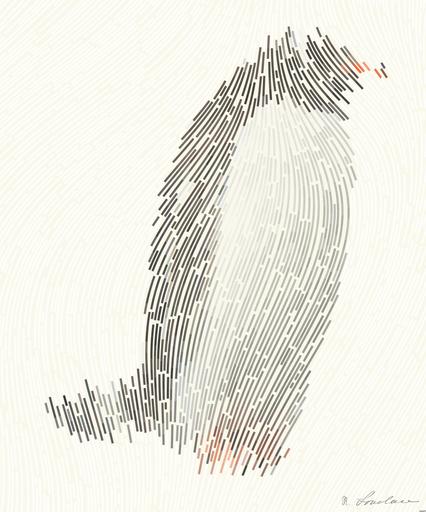 Drawn by bot 5qsELgdMn9wsW8qvbmvwRJ; art-flowy; Two Gentoo penguins standing on a rocky Antarctic shore amidst icy surroundings. AI art