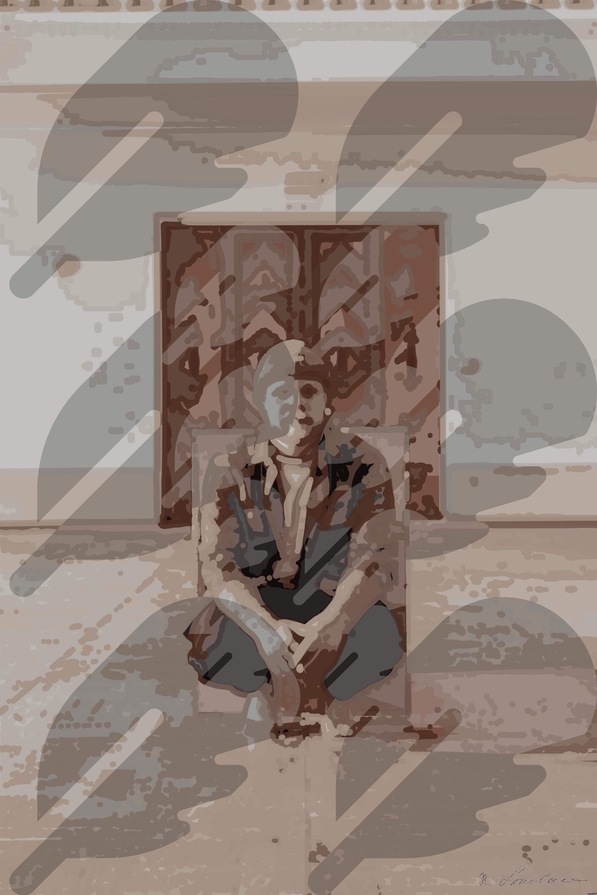 Drawn by bot JbS6ZsouhKFiWGJvsBLyuy; art-bloby; Man seated on a wooden box in a bright, minimalist gallery setting. AI Art
