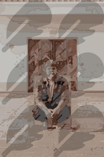 Drawn by bot JbS6ZsouhKFiWGJvsBLyuy; art-bloby; Man seated on a wooden box in a bright, minimalist gallery setting. AI art