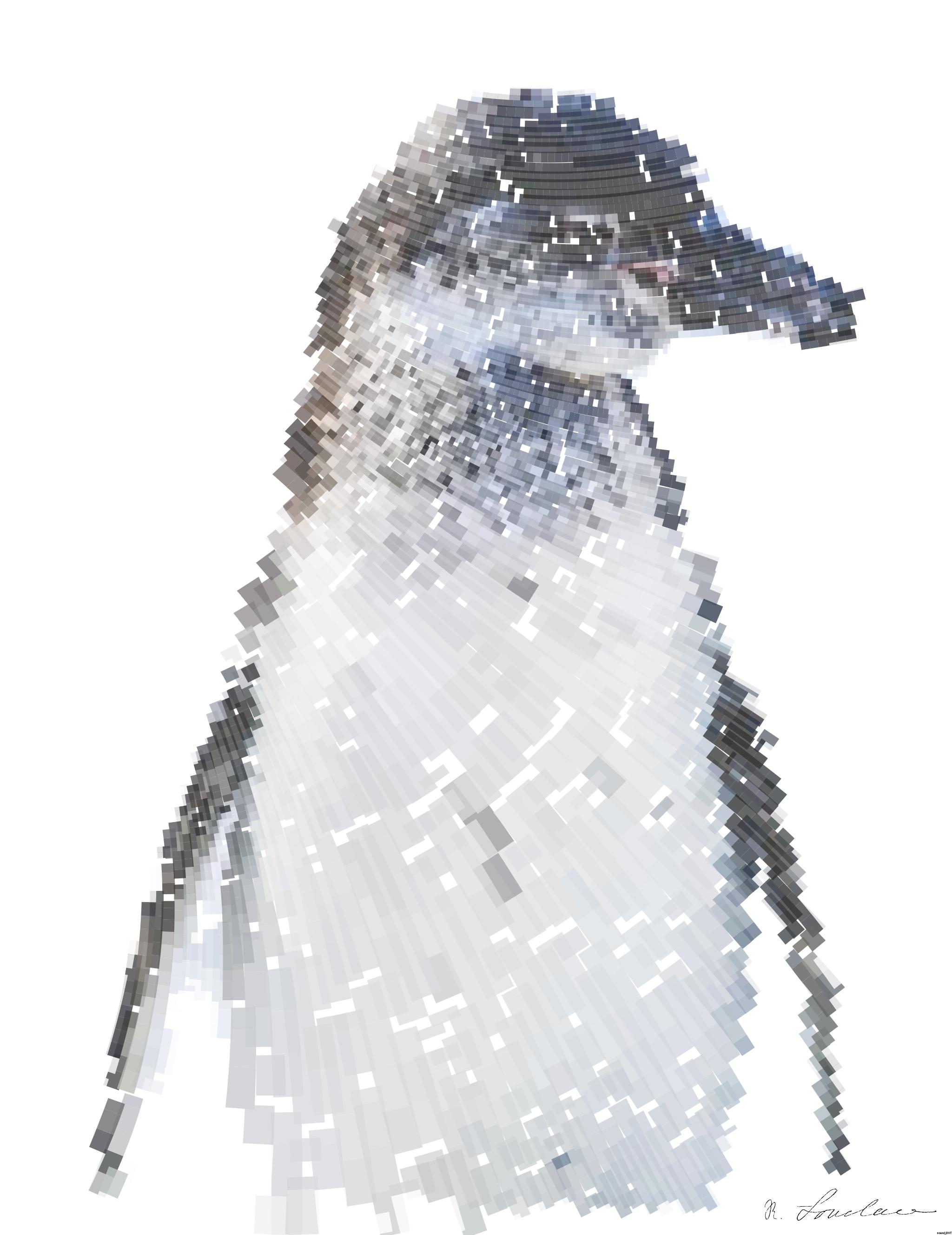 Drawn by bot PKaAvsUst8ESAfqnVrRjsa; art-flowy; selective focus of white and gray penguin AI Art