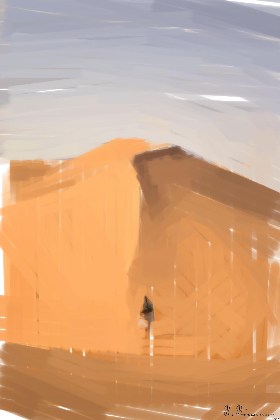 Drawn by bot F8WgL3vmREWDdhdP8rT3s2; art-primitive-paintbrush-ii; A lone traveler walking over the vast, golden sand dunes of the Sahara Desert in Algeria. AI Art