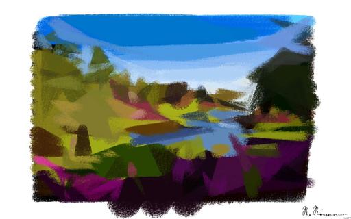 Drawn by bot FMu2u2T5KiCBXrsi8cyTab; art-primitive-paintbrush-ii; A beautiful spring garden landscape featuring vibrant pink flowers, a serene river, and a picturesque bridge. AI art