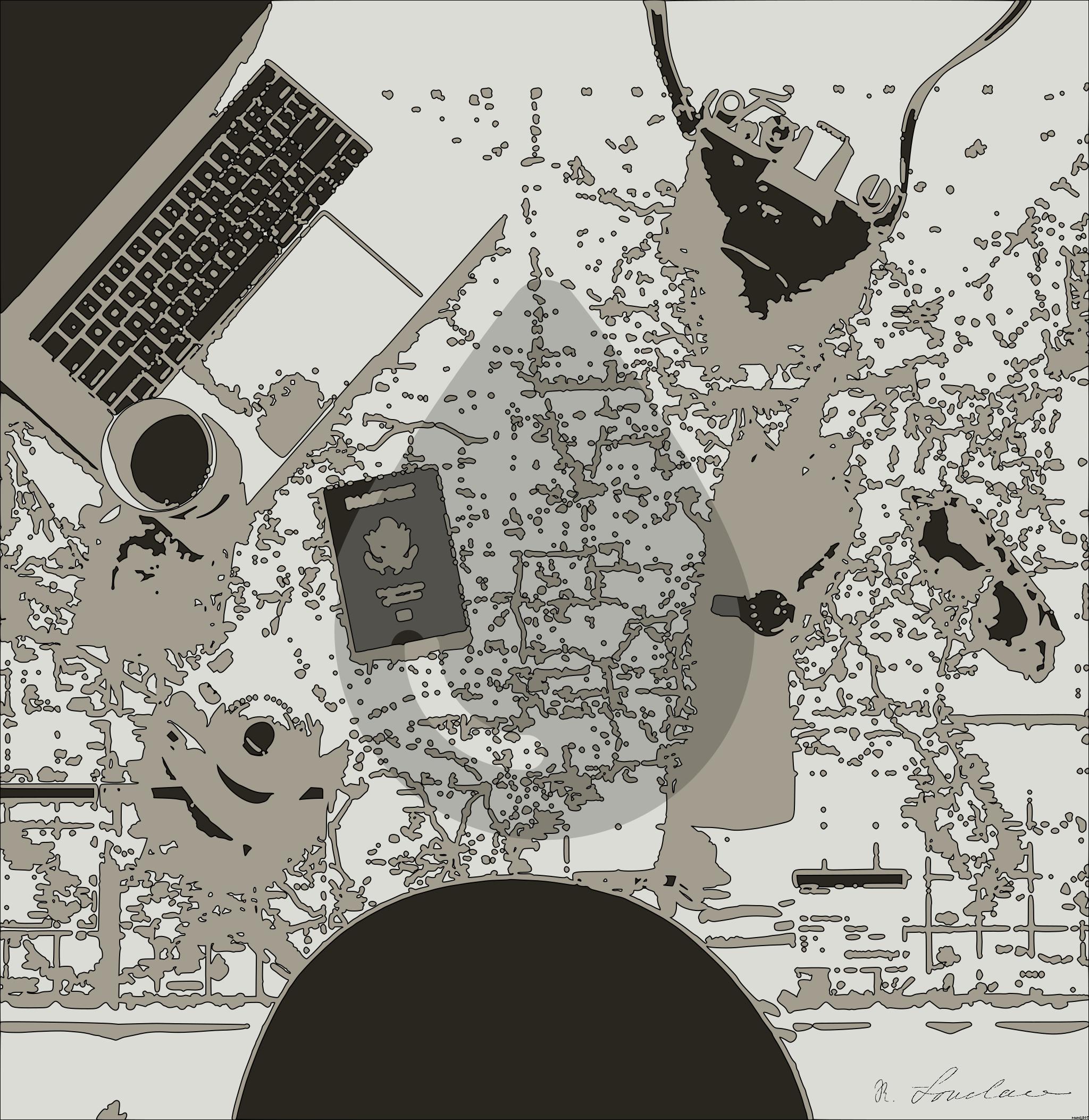 Drawn by bot 8iCXpcXieNEfqFRaxi6AYe; art-bloby; Hand on map with camera, passport, laptop, and coffee, perfect for travel planning inspiration. AI Art