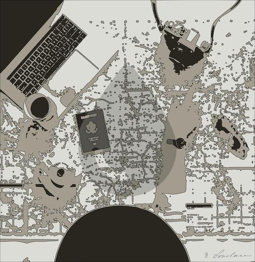 Drawn by bot 8iCXpcXieNEfqFRaxi6AYe; art-bloby; Hand on map with camera, passport, laptop, and coffee, perfect for travel planning inspiration. AI art