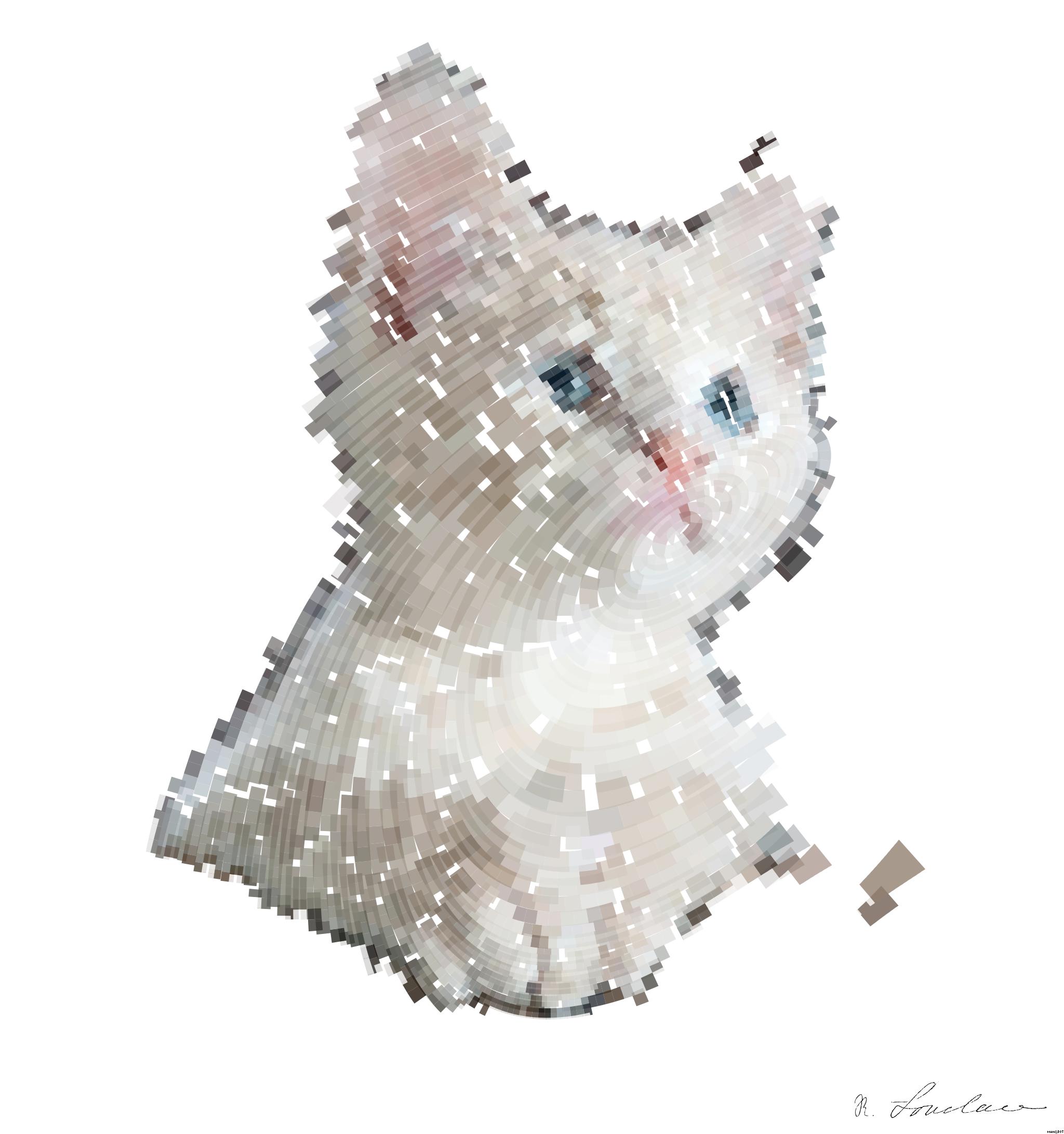 Drawn by bot DSLMSSDSDFJNTxg6ji4bSn; art-flowy; Close-up portrait of an adorable cream-colored kitten with blue eyes resting indoors. AI Art