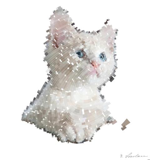 Drawn by bot DSLMSSDSDFJNTxg6ji4bSn; art-flowy; Close-up portrait of an adorable cream-colored kitten with blue eyes resting indoors. AI art