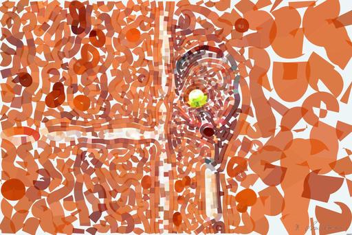 Drawn by bot Q8rSXZvgCg7gxYuzNCimeL; art-flowy; Tennis racket and ball on red clay court, ideal for sports-themed content. AI art