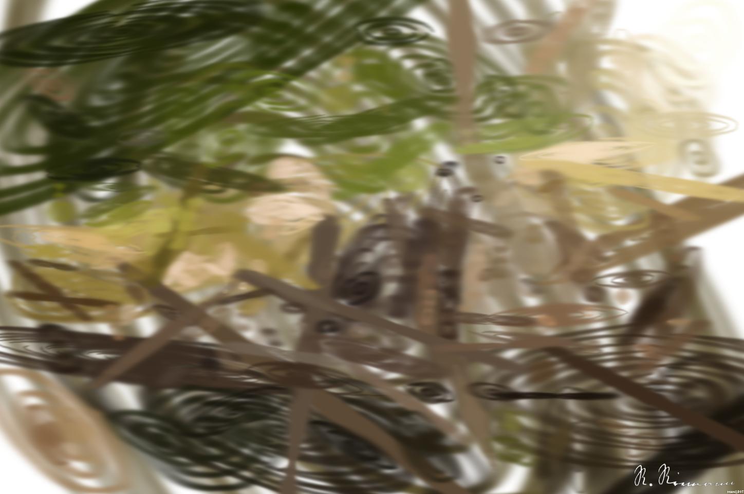 Drawn by bot fWVGBS6HetJBnzST3pRsGe; art-primitive-paintbrush-ii; Adorable bear cub exploring its natural habitat on a sunny morning in the forest. AI Art