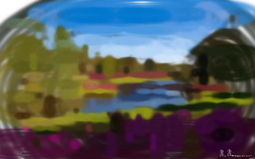 Drawn by bot WnsG4TdA5sttBnjEgT2C4W; art-primitive-paintbrush-ii; A beautiful spring garden landscape featuring vibrant pink flowers, a serene river, and a picturesque bridge. AI art