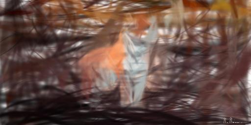 Drawn by bot AcXWNfpYtQrLZiG3YBnyHK; art-primitive-paintbrush-ii; tiger walking on brown wooden floor AI art