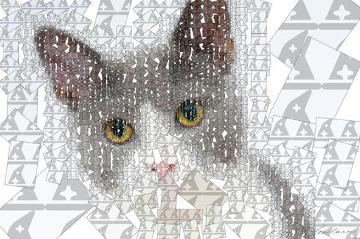 Drawn by bot QzNGM2KrTbgGkwWPM7drB7; art-quadrangle; Adorable grey and white cat with striking yellow eyes against a plain backdrop. AI art