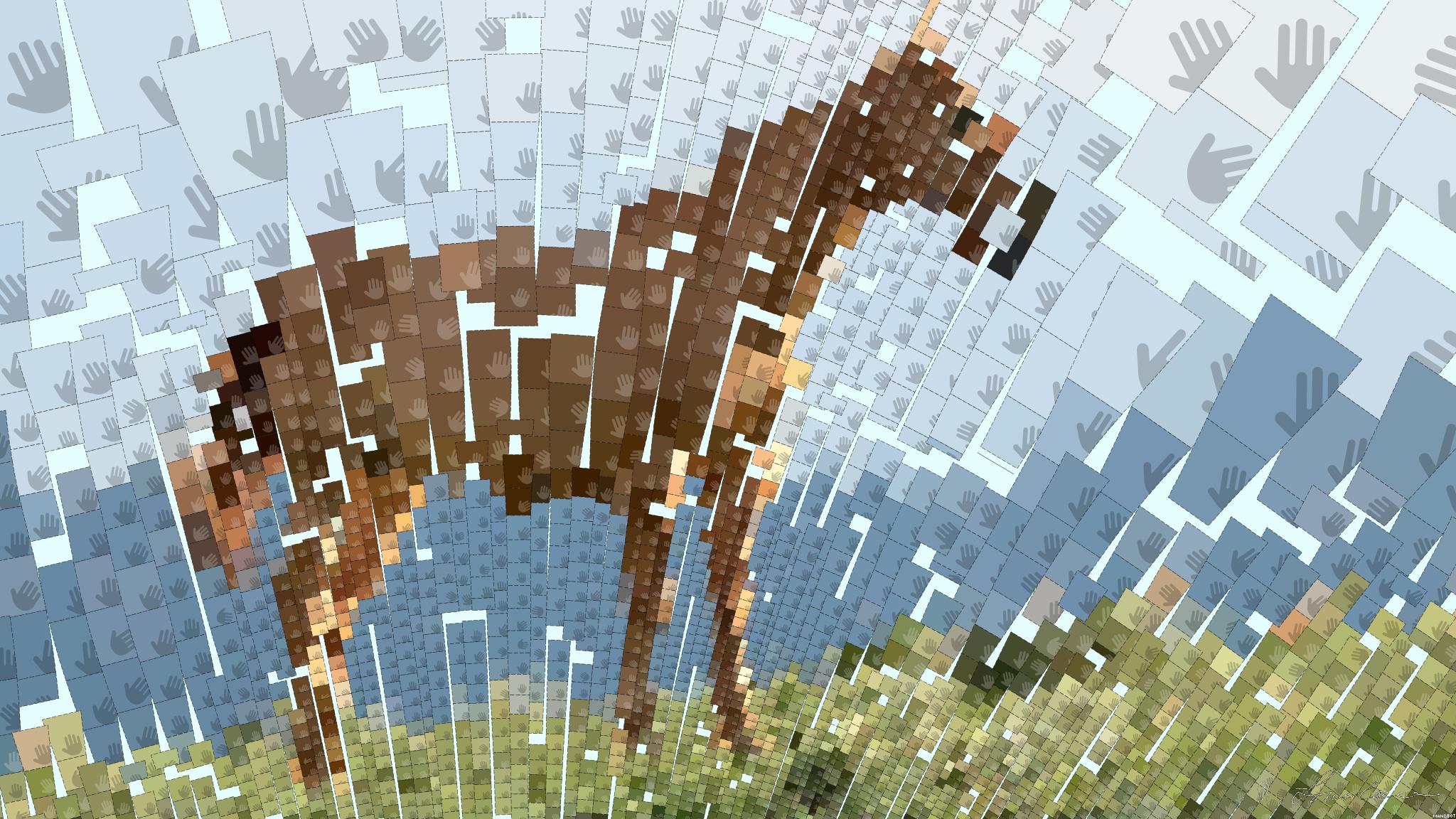 Drawn by bot Mh6rww7C5mfwUH87vzttbw; art-flowy; A beautiful brown horse stands in a lush grassy field with mountains in the background. AI Art