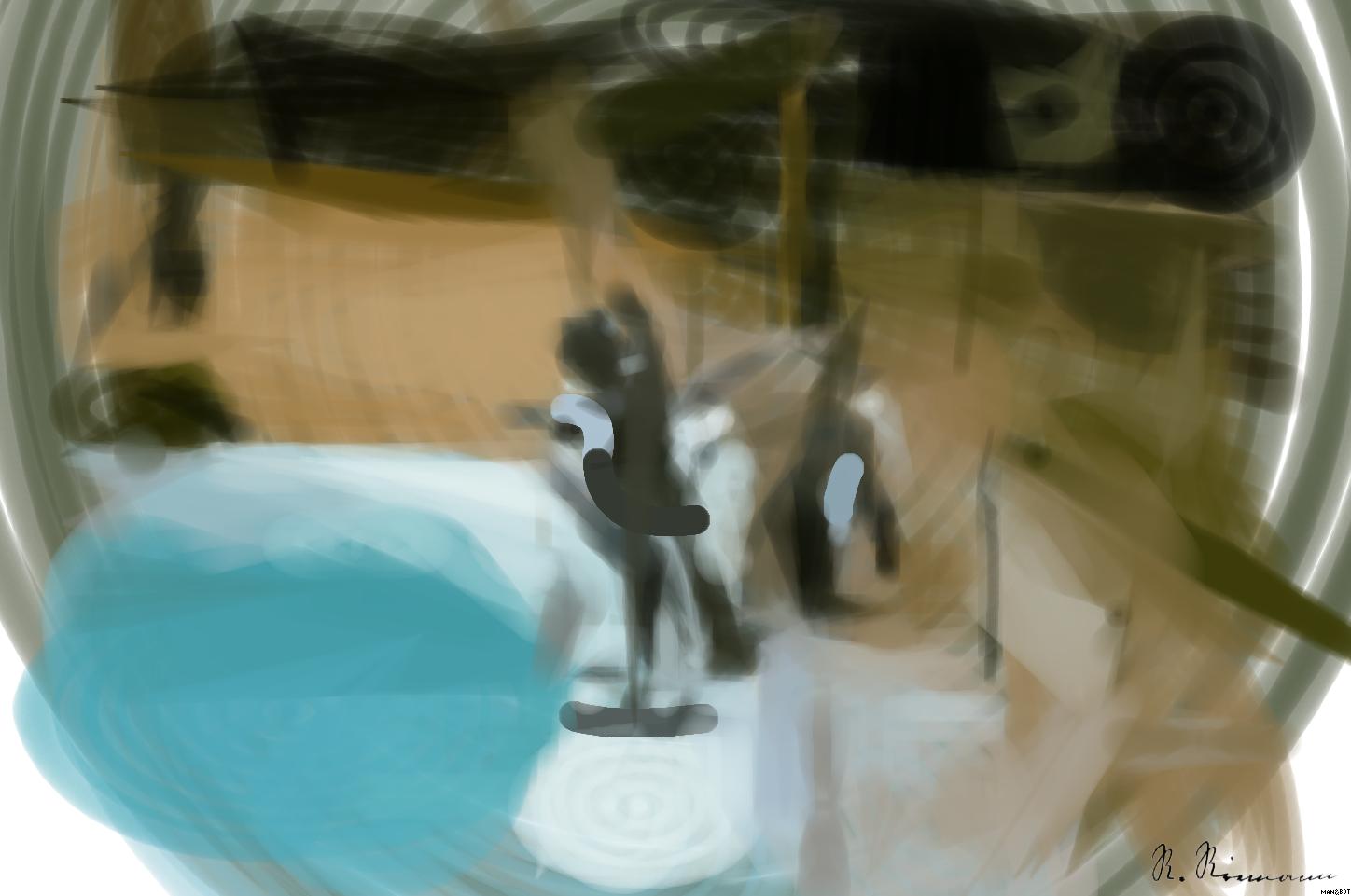 Drawn by bot dL5TCniuSeKYcsnmQpdoqv; art-primitive-paintbrush-ii; A group of penguins standing near a pool edge in a zoo exhibit, ready to swim. AI Art