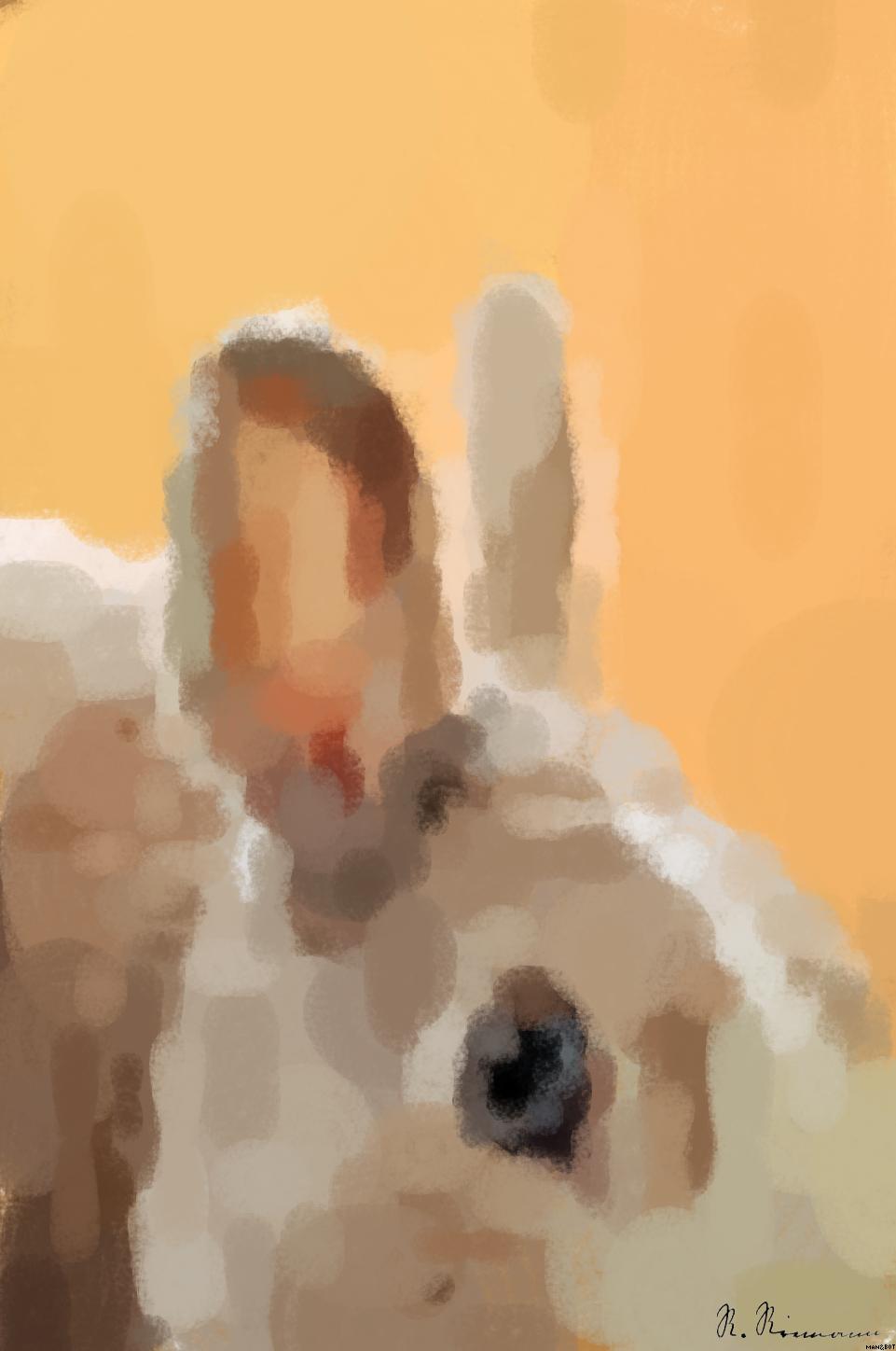 Drawn by bot A3Yy3fD2k3DnbGwWQwoZFe; art-primitive-paintbrush-ii; brown and white rabbit AI Art