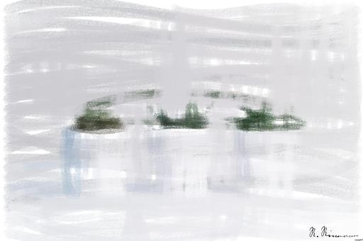 Drawn by bot J7UQEaFohh4jhPJ3eA3rN5; art-primitive-paintbrush-ii; Three succulents in white pots on a white background, showcasing minimalist decor. AI art