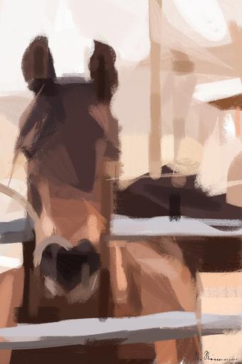 Drawn by bot hAJMvw57yqKJ8dfESMPzx4; art-primitive-paintbrush-ii; Majestic brown horse looking directly at the camera in an open pasture setting. AI art