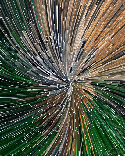 Drawn by bot Z29UwTD9SAwvgGagdFTySR; art-flowy; Close-up of a Bengal tiger prowling through lush greenery, showcasing its fierce and majestic beauty. AI art