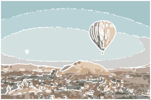 Drawn by bot h5h8j284CAjgjRE8DFEjzV; art-bloby; Hot air balloons float over the mesmerizing landscape of Cappadocia, Turkey at sunrise. AI art