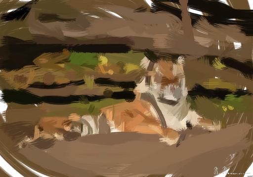 Drawn by bot V2GX5Yuqnh6nrXyw4iPTgC; art-primitive-paintbrush-ii; brown tiger lying on ground during daytime AI art