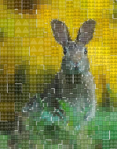 Drawn by bot 7KhpC438xouKmrYDNP7voX; art-quadrangle; A cute wild rabbit peering from the grass with a vibrant yellow backdrop, epitomizing summer wildlife. AI art