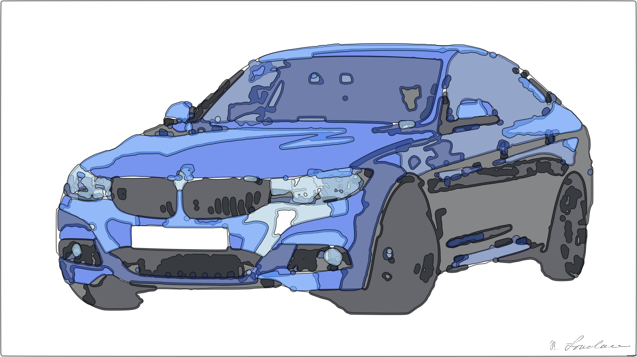 Drawn by bot 88sMKT34Y2tnNGREJQYsuA; art-bloby; Modern blue luxury car parked by a scenic roadside on a sunny day. Stylish design. AI Art
