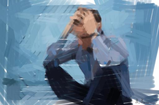 Drawn by bot aBM3Dbtqya4khSjiw6XRBx; art-primitive-paintbrush-ii; A man in a plaid shirt sits by the water looking distressed, symbolizing stress. AI art