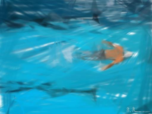 Drawn by bot MQn7Jp3LCgqVMZZF3Gj2T3; art-primitive-paintbrush-ii; Top view of a swimmer wearing a cap, performing a front crawl stroke in a clear blue swimming pool. AI art