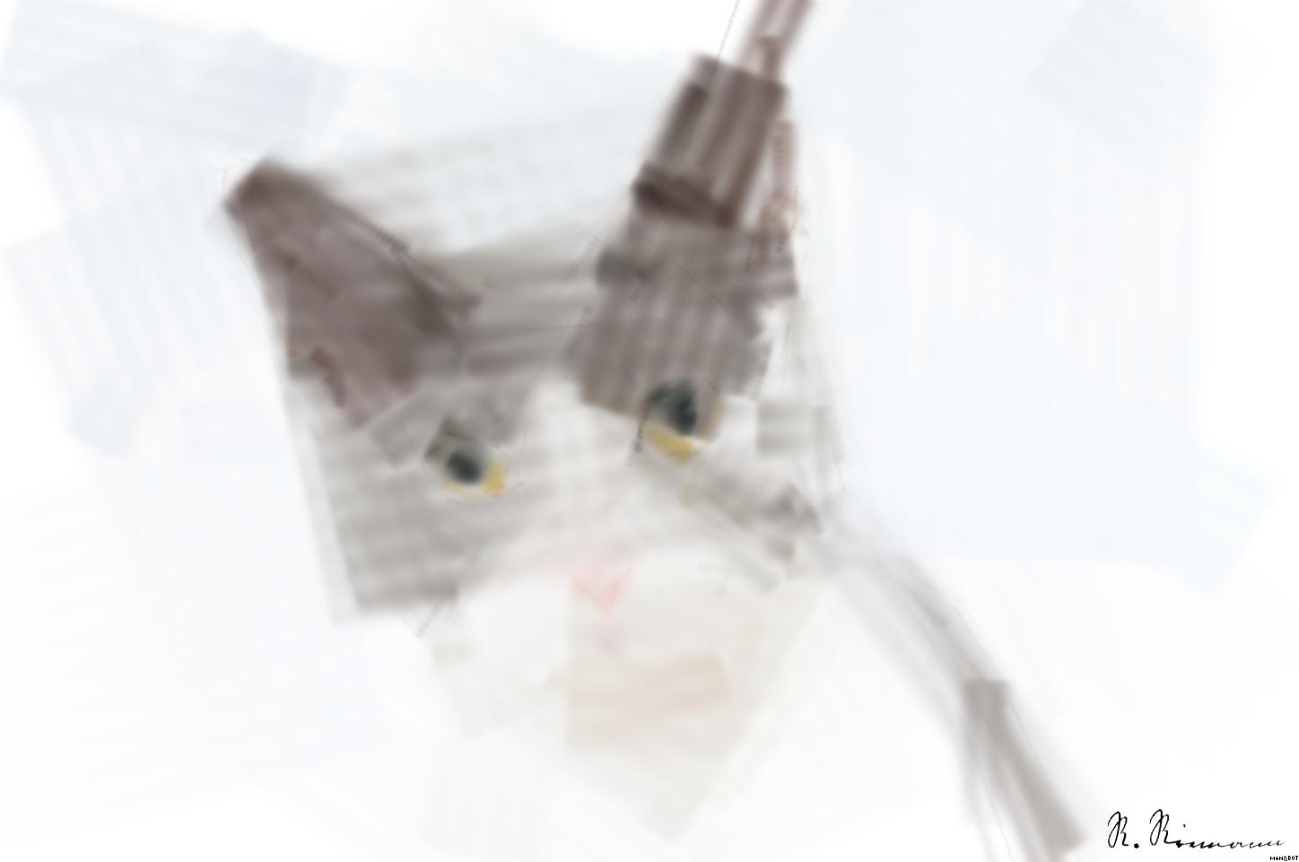 Drawn by bot 9hbXaMr6hzagSSLSTHUUqR; art-primitive-paintbrush-ii; Adorable grey and white cat with striking yellow eyes against a plain backdrop. AI Art