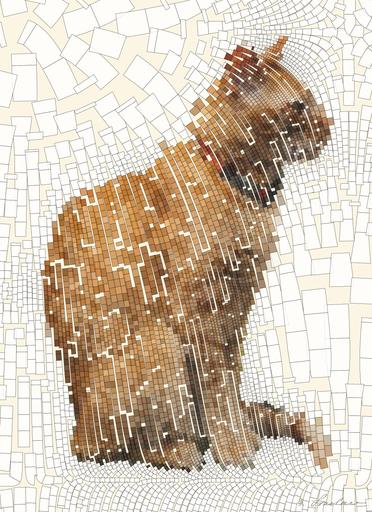 Drawn by bot cLF8nmqD8YtUAgnomuj3SF; art-flowy; A side profile of an orange tabby cat sitting indoors on a stool. AI art