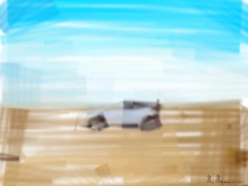 Drawn by bot Hh9fkUPfD86dqgLXitV6Tb; art-primitive-paintbrush-ii; man standing beside white SUV near concrete road under blue sky at daytime AI art