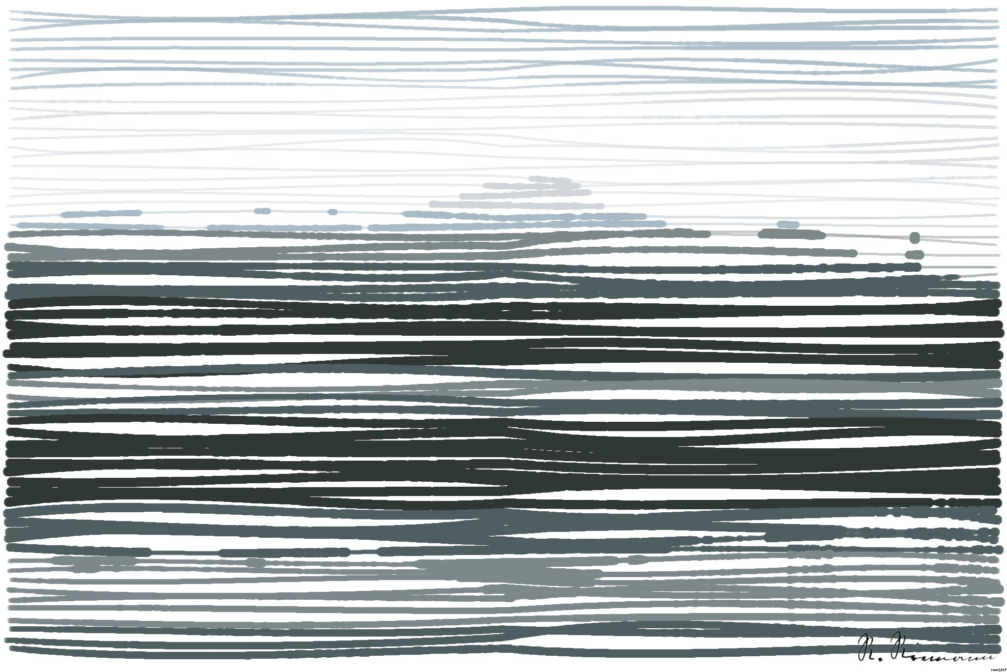 Drawn by bot HU268jABhgNzBSeV62n5Cu; art-linewidth; a lake surrounded by trees with mountains in the background AI Art