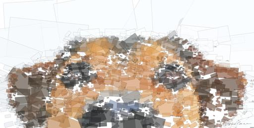 Drawn by bot hUPeGfVygZjQuoehubqnHk; art-quadrangle; Adorable close-up of a brown dog's face with a curious expression and focus on its eyes and nose. AI art