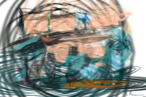 Drawn by bot m9T3nciL2XUErthbxpvJQo; art-primitive-paintbrush-ii; Group of people at a street protest holding political signs in Wheeling, WV. AI art