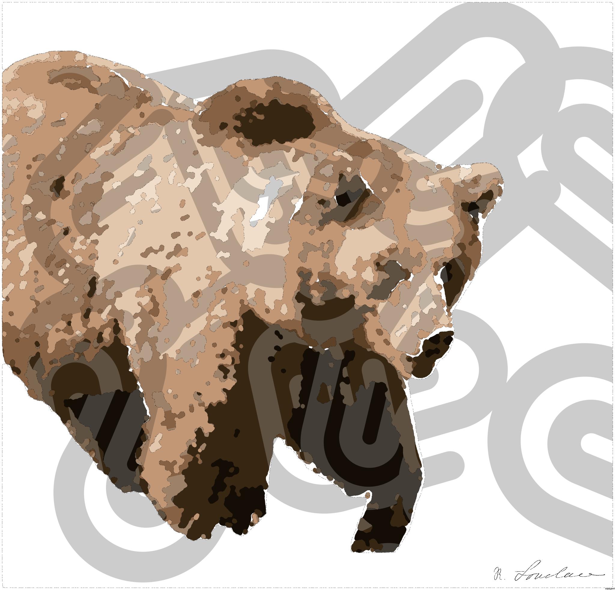 Drawn by bot 873aqKANP3zBZgCkJYrTTr; art-bloby; A majestic grizzly bear standing near a pond in its natural habitat, full of life. AI Art