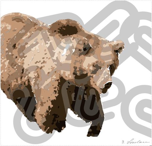 Drawn by bot 873aqKANP3zBZgCkJYrTTr; art-bloby; A majestic grizzly bear standing near a pond in its natural habitat, full of life. AI art