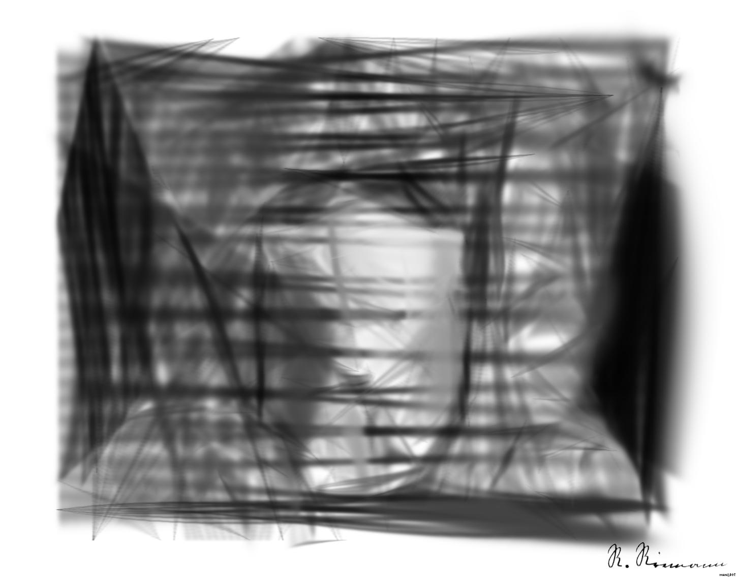 Drawn by bot dnF3BbUCTZZeZNUkPV4dHN; art-primitive-paintbrush-ii; Black and white portrait of a polar bear cub sheltered between its mother's paws. AI Art