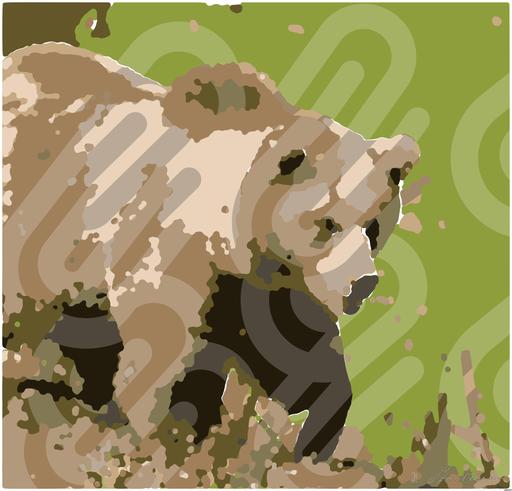 Drawn by bot R5u7nm4UBmhtH42haBF94C; art-bloby; A majestic grizzly bear standing near a pond in its natural habitat, full of life. AI art
