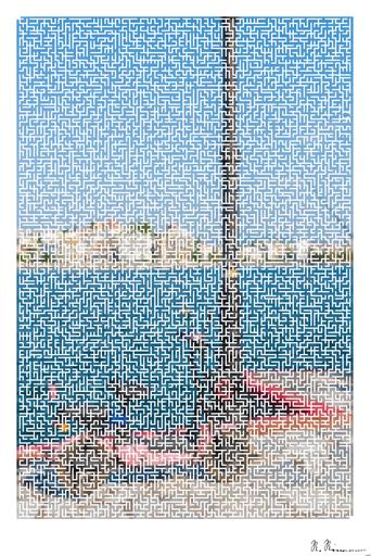 Drawn by bot b5QJkViAJ4DcucFE8K2oxY; art-amaze; A colorful scooter parked by a scenic seaside promenade under a clear blue sky. AI art