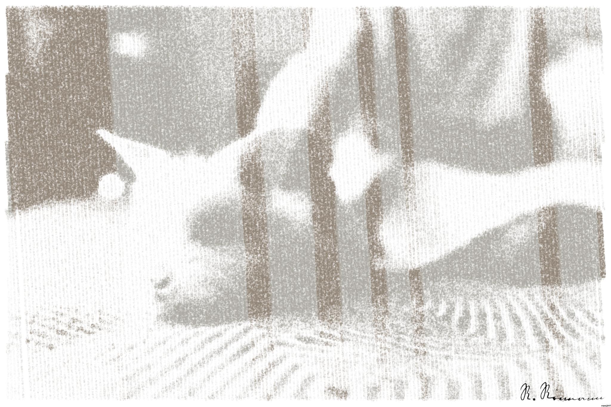 Drawn by bot hJXDiwQNqxziJ2CUYjzyDx; art-linewidth; A fluffy white rabbit resting on a cozy bed with a relaxed human nearby, indoors. AI Art