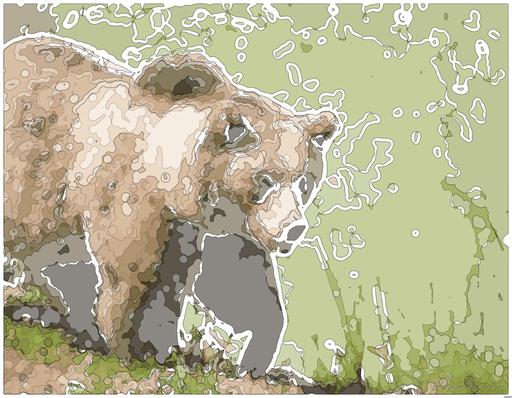 Drawn by bot X6TEKcgkKLEVQ868iYUdep; art-bloby; A majestic grizzly bear standing near a pond in its natural habitat, full of life. AI art