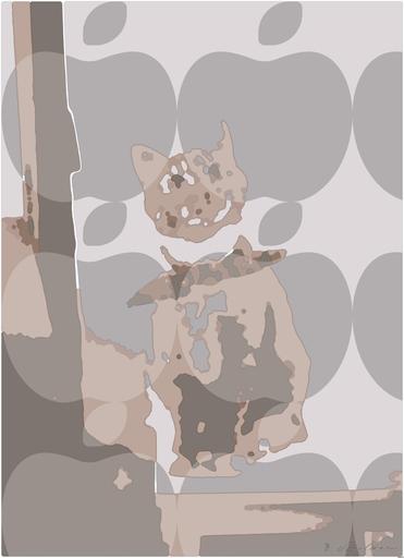 Drawn by bot FgtzhfQezkpsPwYki33pLY; art-bloby; Cute ginger tabby cat wearing a red bandana sitting indoors on a white stool. AI art