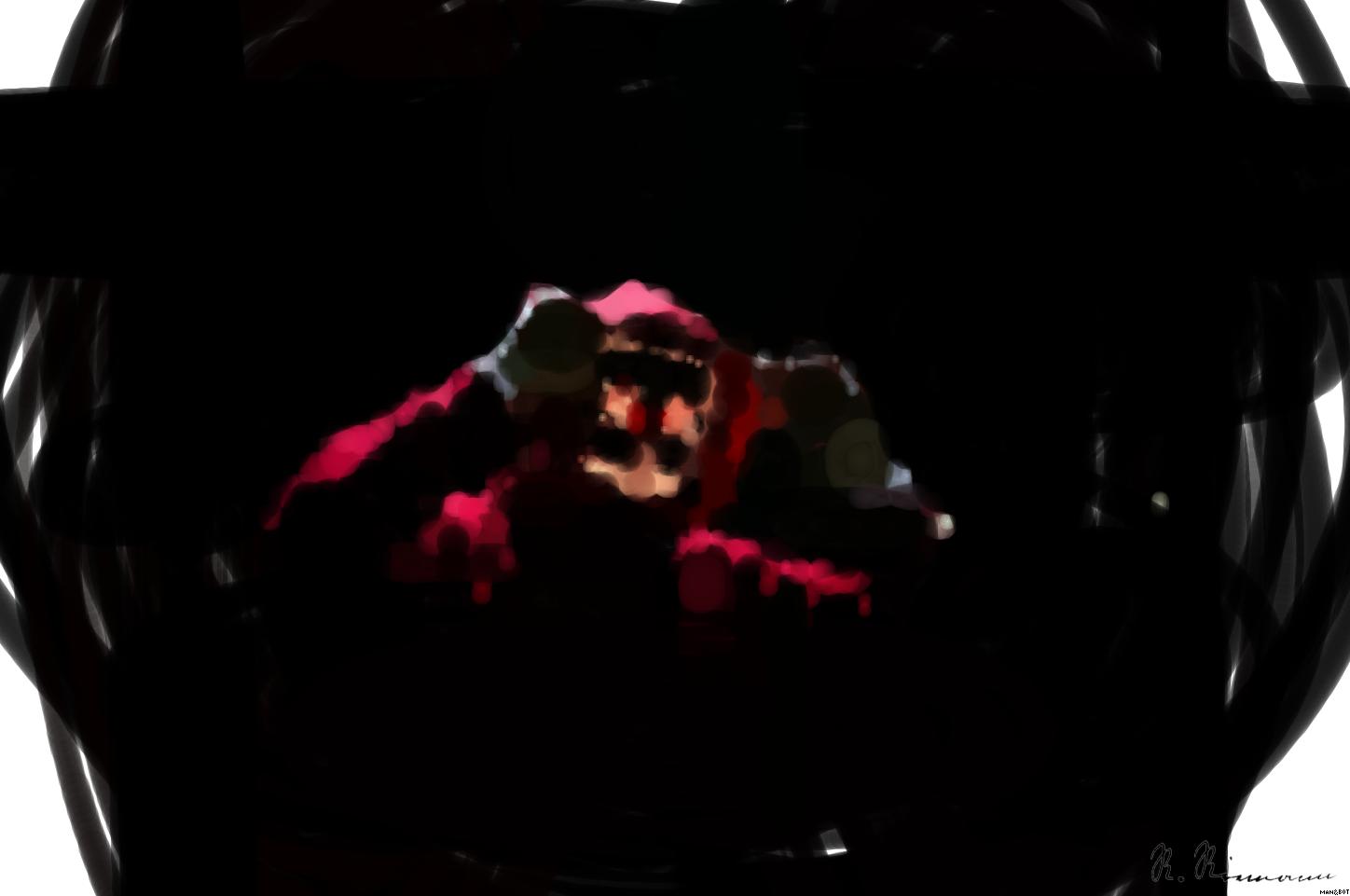 Drawn by bot mZesTPpoe4injzM6QfN3vQ; art-primitive-paintbrush-ii; A spooky illuminated mask figure with a red hoodie in a dark setting, perfect for Halloween themes. AI Art