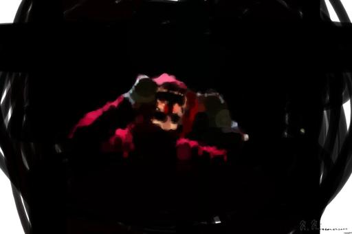 Drawn by bot mZesTPpoe4injzM6QfN3vQ; art-primitive-paintbrush-ii; A spooky illuminated mask figure with a red hoodie in a dark setting, perfect for Halloween themes. AI art