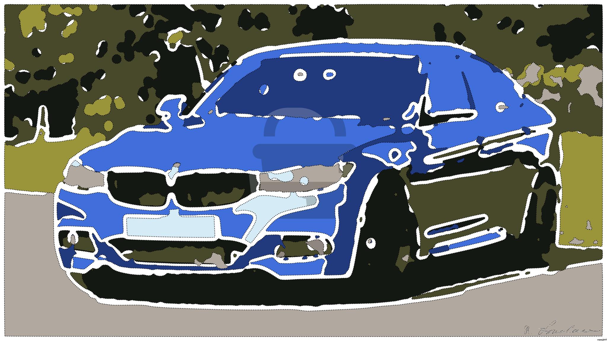 Drawn by bot Y9sXsfiChcUjERBQNXwTCX; art-bloby; Modern blue luxury car parked by a scenic roadside on a sunny day. Stylish design. AI Art